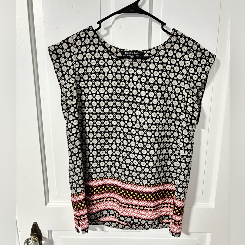 Sweet Rain Black and White Floral Blouse with Pink and Orange Accents